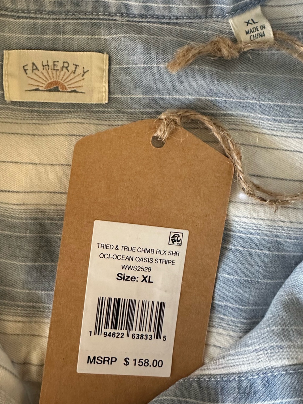 Faherty Tried and True Chambray Blue & White Stripe Button Down Shirt XL NWT - Picture 4 of 9